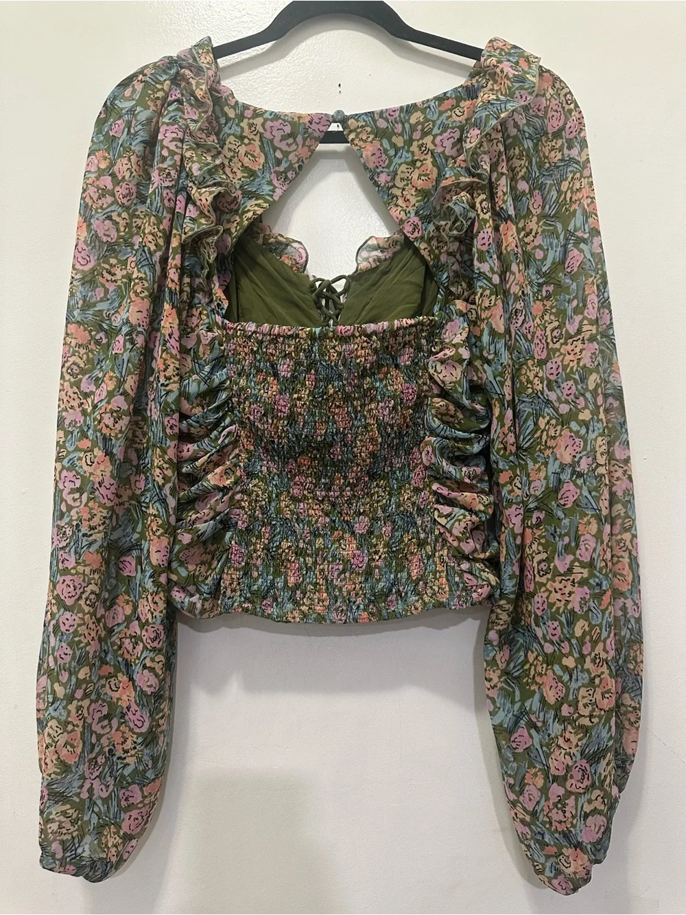 Free People Mabel Olive Green Floral Garden Print Ruched Peasant Blouse Sz M